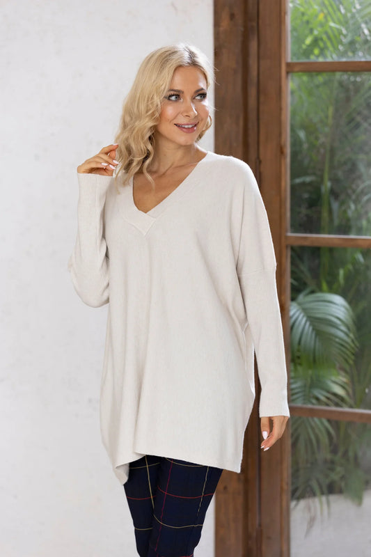 Fashion Village V-Neck Tunic in Oatmeal