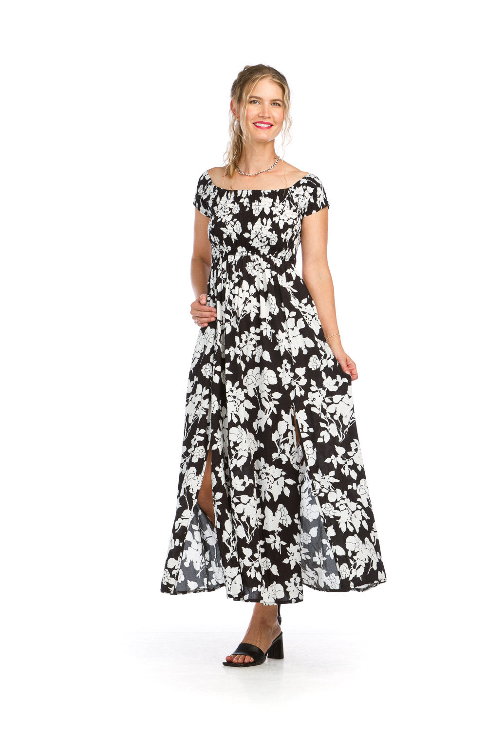 SALE Papillon PD16589 Black Floral Smocked OTS Maxi Dress